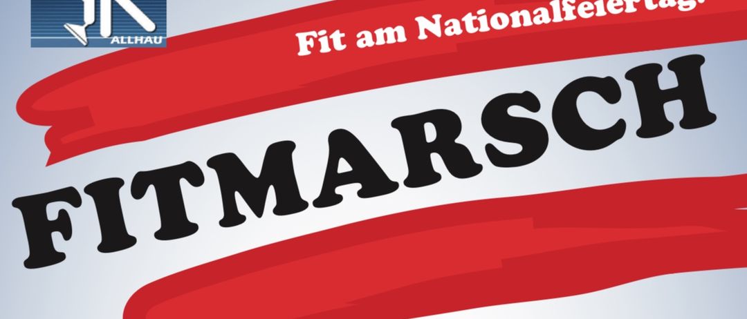 Ein roter Banner mit weißem Text steht 'Fit am Nationalfeier' mit dem Wort 'TMARSC' in großen schwarzen Buchstaben. Das Wort 'Markt' erscheint in weiß oben links.