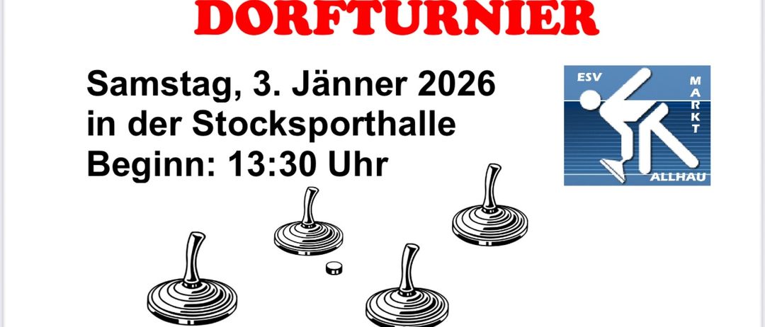 Plakat für Dorfturnier mit dem Datum 3. Januar 2026, Zeit 13:30 Uhr und Illustrationen von Drehtöpfen.