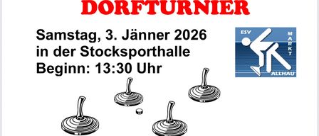 Plakat für Dorfturnier mit dem Datum 3. Januar 2026, Zeit 13:30 Uhr und Illustrationen von Drehtöpfen.