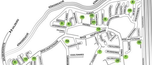 Eine Karte zeigt ein Layout eines Gebiets mit Straßen, Wegen und nummerierten Punkten. Wichtige Orte sind Konigssee, Salzburg und verschiedene nummerierte Straßen und Wege.