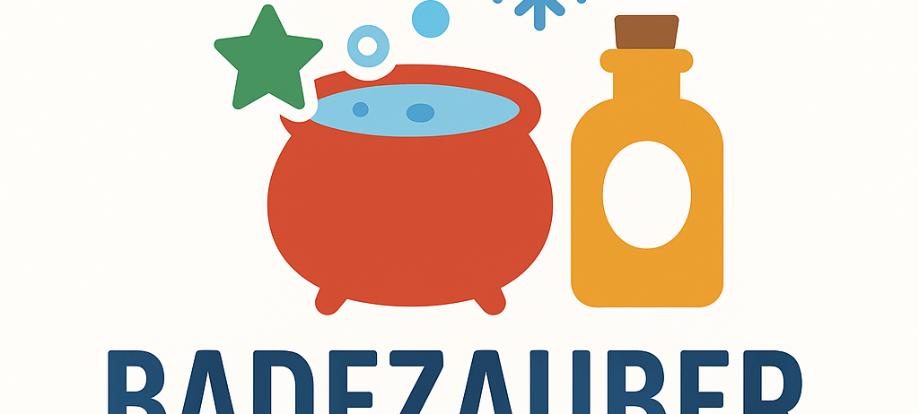 Illustration eines sprudelnden Kessels mit einem Stern, Schneeflocken und einer Flasche Flüssigkeit mit der Aufschrift 'Badezauber'.