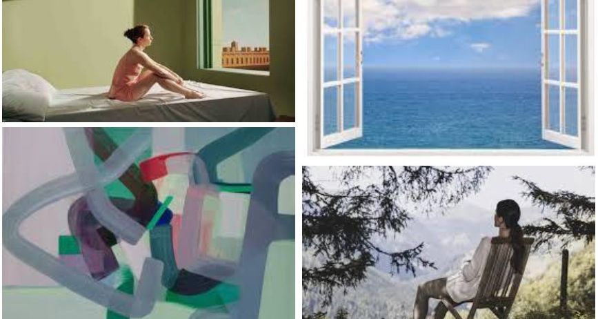 Eine Collage aus vier Bildern, die eine Frau auf einem Bett, ein offenes Fenster mit Meerblick, ein abstraktes Gemälde und eine Frau auf einem Stuhl im Wald zeigt.