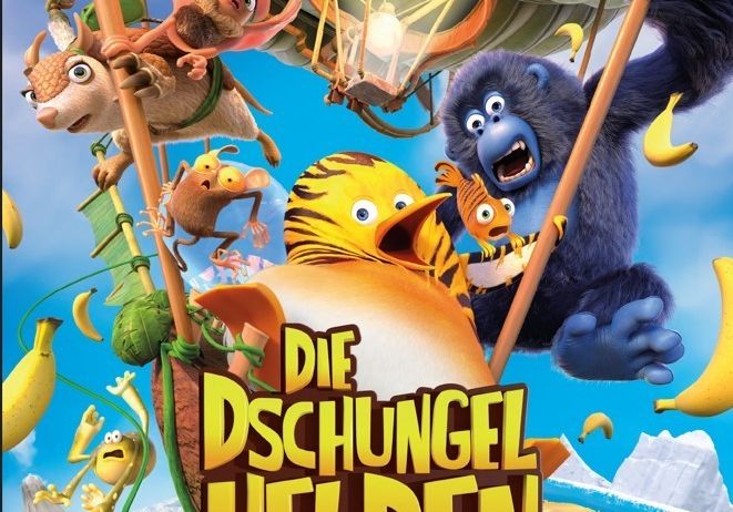 Ein Filmplakat mit Cartoon-Tieren auf einem Heißluftballon mit dem Titel 'Dschungelhelden Auf Weltreise' in fetten Buchstaben.