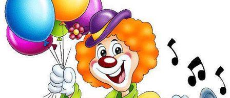 Ein lächelnder Clown hält bunte Ballons und eine Megafon, mit Musiknoten, die um ihn herum schweben.