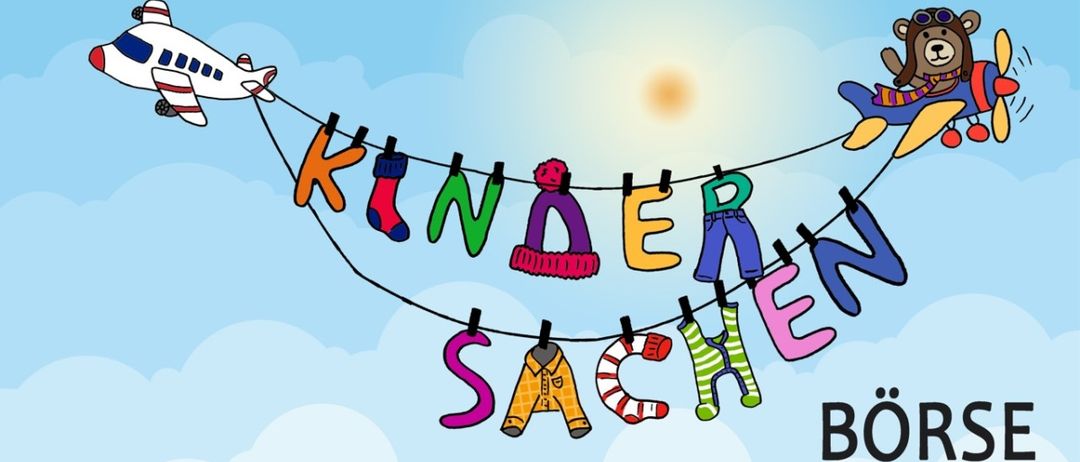 Illustration verschiedener Kinderkleidungsstücke, die an einer Wäscheleine hängen, mit Wolken im Hintergrund.