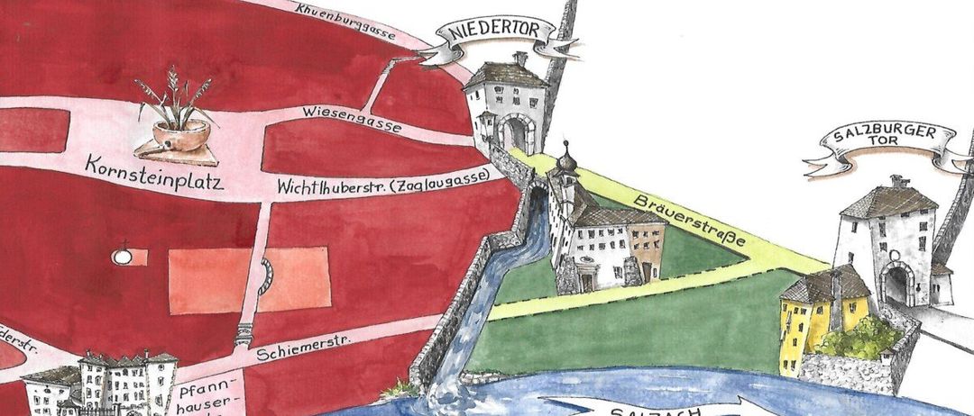Eine handgezeichnete Karte zeigt Pernerinsel mit Straßen wie Wiesengasse und Schmiemerstrasse, einer Brücke mit dem Namen Niedertor und einem Fluss namens Salzach.