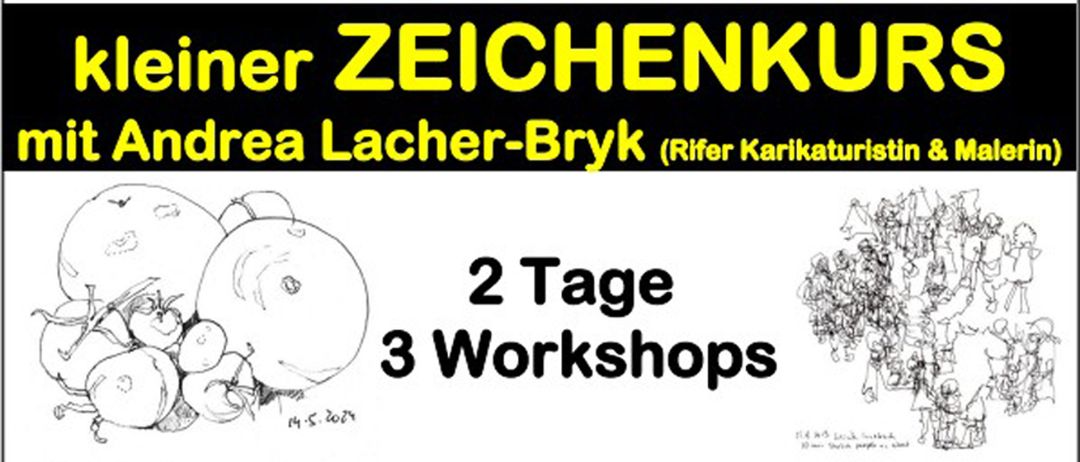 Ein Plakat für Treffpunkt RIF Zeichenker Area Lacher-Bryk, mit einer Skizze eines Gesichts, Datum und Details über zwei Tage und drei Workshops.