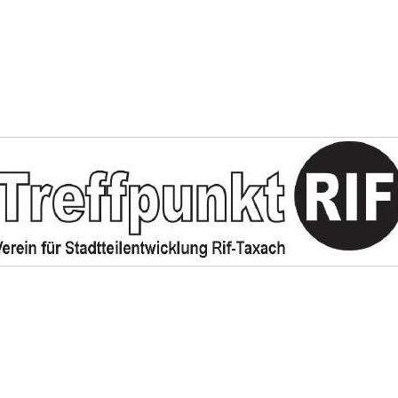 Das Logo für Treffpunkt RIF, ein Verein für Stadtentwicklung in Rif-Taxach, zeigt den Text in fetter schwarzer Schrift mit einem schwarzen Kreislogo.