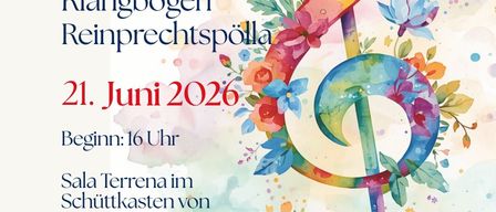 Plakat für ein Sommerkonzert am 21. Juni 2026 um 16 Uhr. Ort ist Sala Terrena im Schuttkasten von Schloss Harmannsdorf. Der Eintritt ist frei, Spenden willkommen.