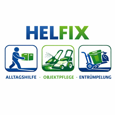 Das Helfix-Logo zeigt drei Symbole: einen Mann, der einen Karton trägt, einen Rasenmäher und einen Mülleimer. Darunter steht 'Alltaghilfe', 'Objektpflege' und 'Entrumpelung'.