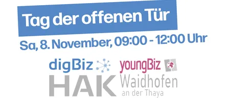 Das Poster für die Veranstaltung 'Offene Türen' kündigt einen Termin am 12. November um 09:00 Uhr an. Es zeigt Logos von 'igBiz' und 'youngBiz', mit dem Veranstaltungsort in Waidhofen an der Thaya.