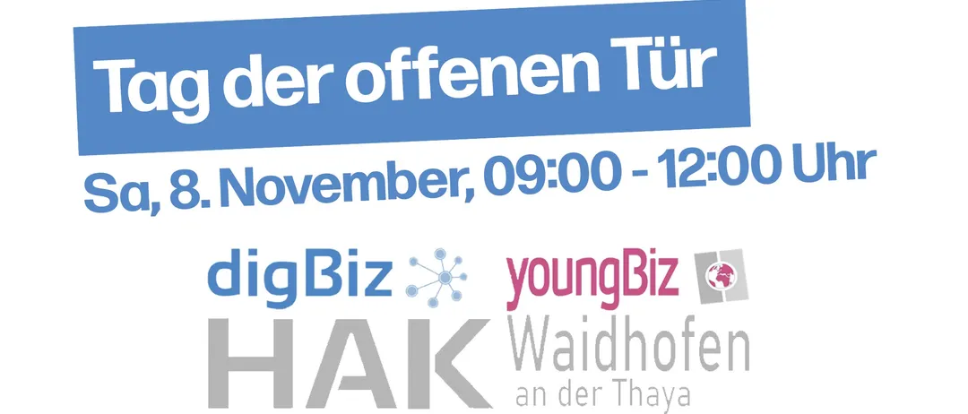 Das Poster für die Veranstaltung 'Offene Türen' kündigt einen Termin am 12. November um 09:00 Uhr an. Es zeigt Logos von 'igBiz' und 'youngBiz', mit dem Veranstaltungsort in Waidhofen an der Thaya.