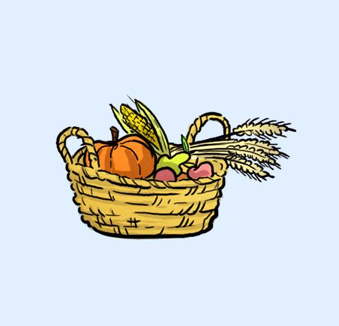 Eine Illustration eines Korbes, gefüllt mit verschiedenen herbstlichen Produkten, darunter Mais, Äpfel, Kürbisse und Weizen.