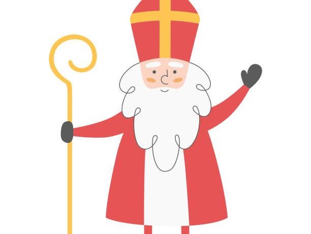 Eine Illustration von Sankt Nikolaus, der einen roten Bischofshut, einen roten Mantel und schwarze Handschuhe trägt. Er hält einen gelben Stab in der rechten Hand und winkt mit der linken.