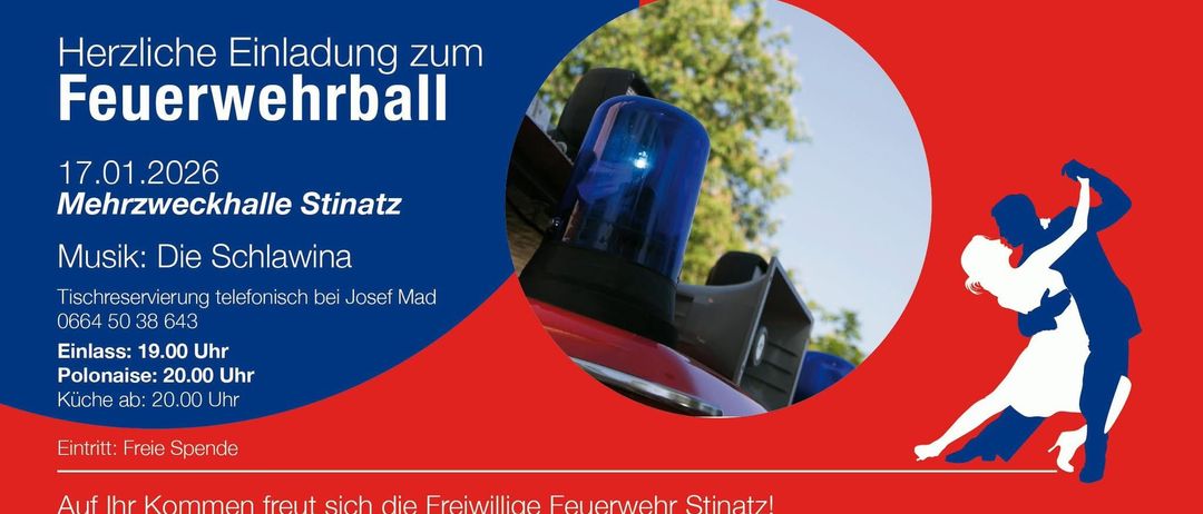Eine Werbung für die Freiwillige Feuerwehr Stinach zeigt ein rotes Einsatzfahrzeug mit blauer Blitzlicht in der Vordergrund.