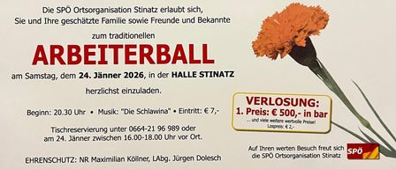 Winterball 2026 in der Halle Stinz erlaubt Familie und Freunde. Eintritt: 7 Euro. 1. Preis: 500 Euro. Losepreis: 2 Euro. Tickets unter 0664-2196989.