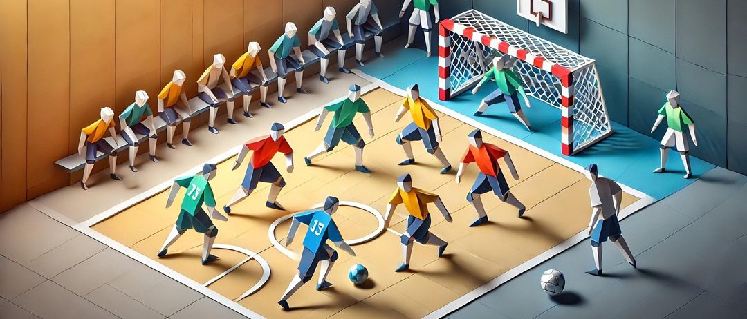 Eine papiergefertigte Szene zeigt eine Gruppe von Fußballspielern auf einem Spielfeld. Spieler sind in Bewegung, einer ist dabei, den Ball zu schießen. Andere sind in Verteidigungsposition. Das Spielfeld hat ein Netz und eine Bank, auf der Spieler sitzen. Im Hintergrund ist eine Holzwand zu sehen.