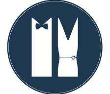 Ein blauer Kreis enthält zwei weiße Hochzeitsanzüge, einer mit einer Fliege und der andere mit einem Kleidengürtel.