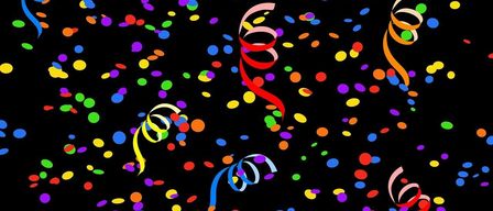 Ein schwarzer Hintergrund mit bunten Konfetti und Bändern, die möglicherweise für eine Feier in einem kreisförmigen Muster verstreut sind.