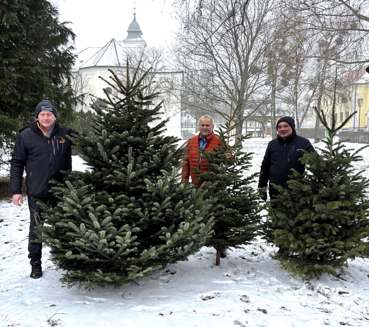 Drei Männer stehen in einem verschneiten Bereich, umgeben von Kiefernbäumen, zwei von ihnen halten Äste der Bäume. Im Hintergrund befindet sich eine Kirche mit einem Kirchturm.