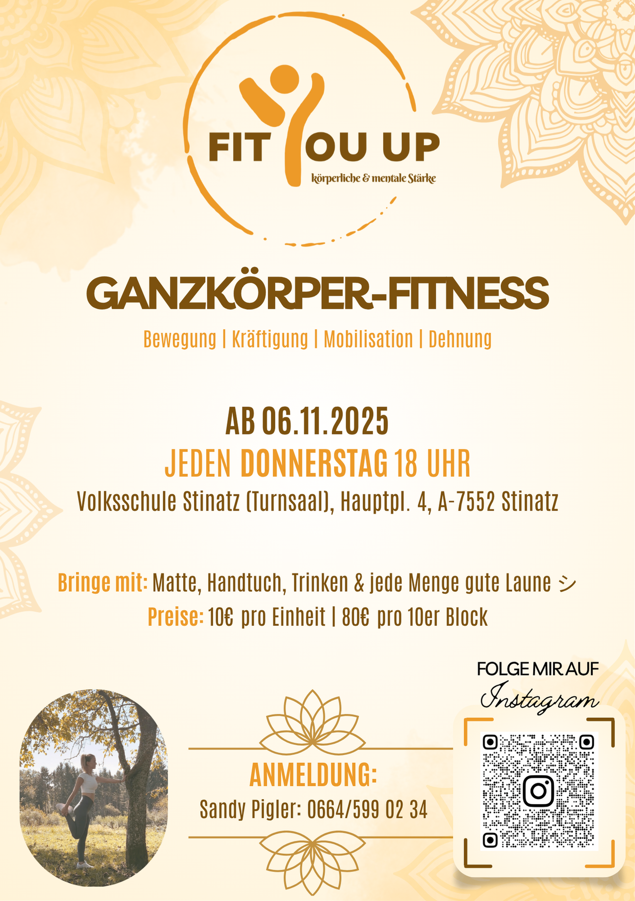Werbeplakat für Ganzkörper-Fitness. Beginnt am 06.11.2025, jeden Donnerstag um 18 Uhr an der Volksschule in Stinatz. Bringe Matte, Handtuch, Getränke und gute Laune mit. Preise: 10€ pro Einheit oder 80€ für 10er-Block.