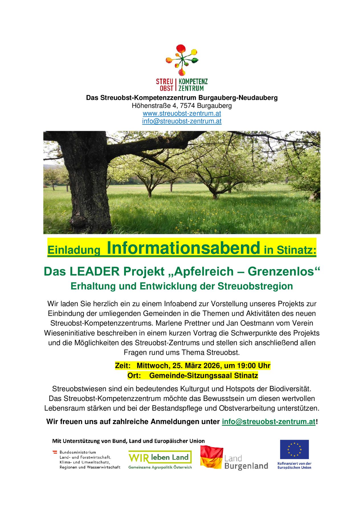 Einladung zum Infoabend über das LEADER-Projekt Apfelreich im Gemeinde-Sitzungssaal Stinaz am Mittwoch, 25. März 2026, um 19:00 Uhr. Veranstaltet vom Streuobst-Kompetenzzentrum.