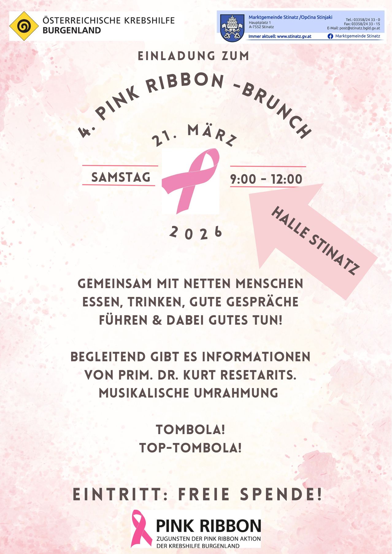 Pink Ribbon Brunch am 21. März 2026 von 9:00 Uhr bis 12:00 Uhr. Essen, Trinken, gute Gespräche und Information von Dr. Kurt Resetarits. Musikalische Unterhaltung, Tombola und Top-Tombola.
