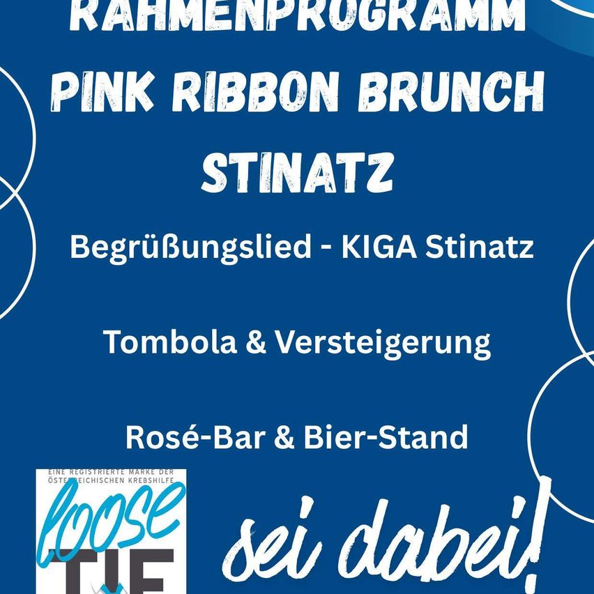 Ein blaues Plakat bewirbt das Pink Ribbon Brunch Event in Stinz. Es beinhaltet einen Begrüßungssong, eine Tombola, eine Versteigerung und Bars.