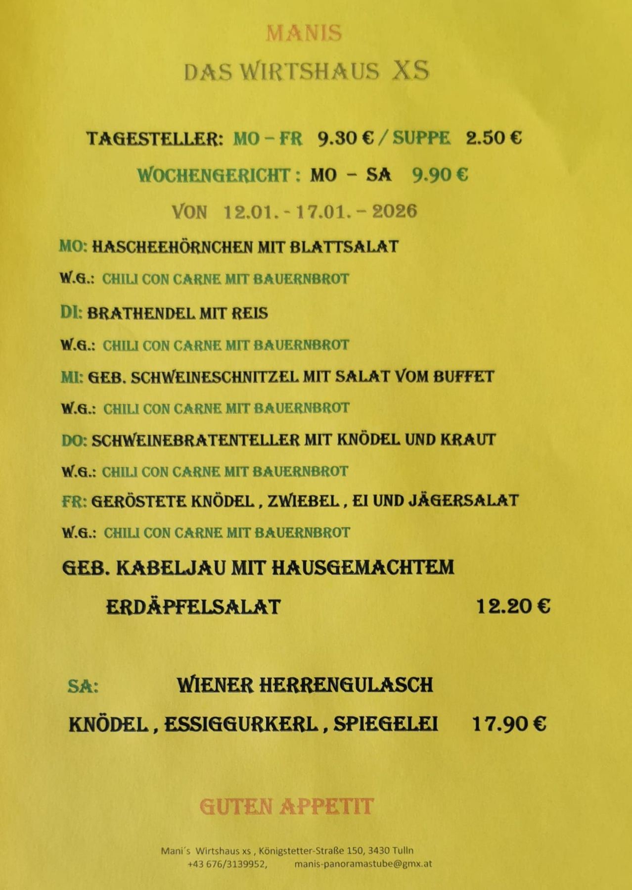 Das Dokument zeigt eine Speisekarte eines Restaurants mit Preisen in Euro. Es enthält Tagesspezialitäten, Wochenmenüs und verschiedene Gerichte wie Spargelsalat, Krautwickel und Wiener Heringsglas. Die Preise reichen von 9,30€ für Tagesspezialitäten bis 17,90€ für eine bestimmte Mahlzeit. Die Speisekarte deckt den Zeitraum vom 12. Januar bis 17. Januar 2026 ab.