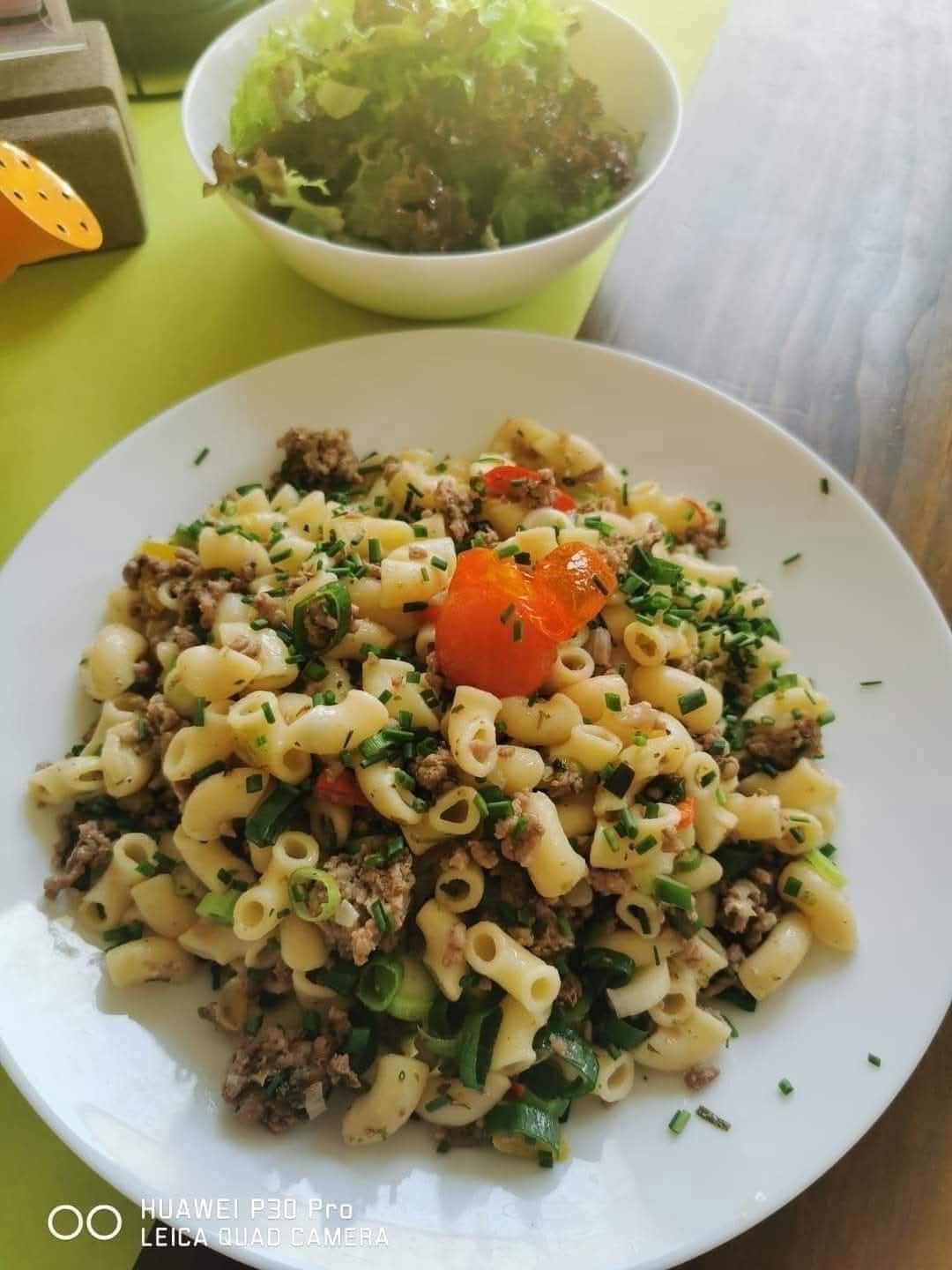 Ein Teller mit Nudelsalat mit Hackfleisch, Tomaten und Frühlingszwiebeln. Im Hintergrund steht eine Salatschüssel.