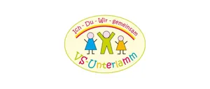 Ein kreisförmiges Logo zeigt den Text 'Ich Du Wir Gemeinsam' mit einem Regenbogenhintergrund und drei bunten Figuren. Der Text 'VS-Unterlamm' ist unten in einer mehrfarbigen Schrift geschrieben.