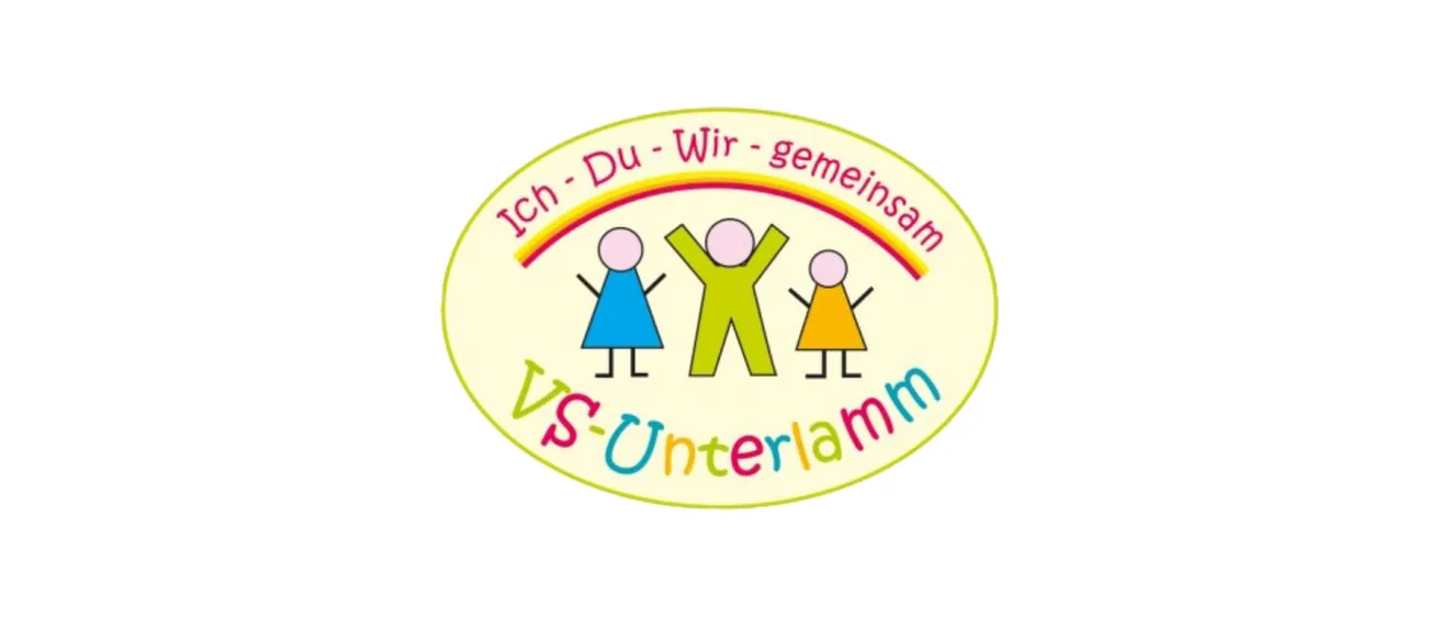 Ein kreisförmiges Logo zeigt den Text 'Ich Du Wir Gemeinsam' mit einem Regenbogenhintergrund und drei bunten Figuren. Der Text 'VS-Unterlamm' ist unten in einer mehrfarbigen Schrift geschrieben.