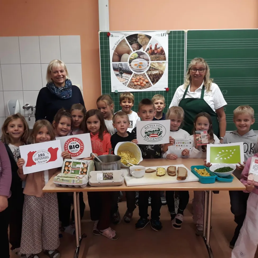 Eine Gruppe von Kindern und Erwachsenen in einem Klassenzimmer hält Schilder und Essen und lächelt für ein Foto. Dahinter befindet sich ein Poster mit einem Diagramm und Bildern von Eiern und Hühnern.