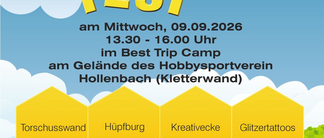Plakat für Sumsi Fest am Mittwoch, 09.09.2026, von 13:30 bis 16:00 Uhr im Best Trip Camp. Aktivitäten umfassen Kletterwand, Hüpfburg, Kreativecke und Glitzertattoos. Inklusiv für alle Kinder mit Ausrüstung und Trainern.