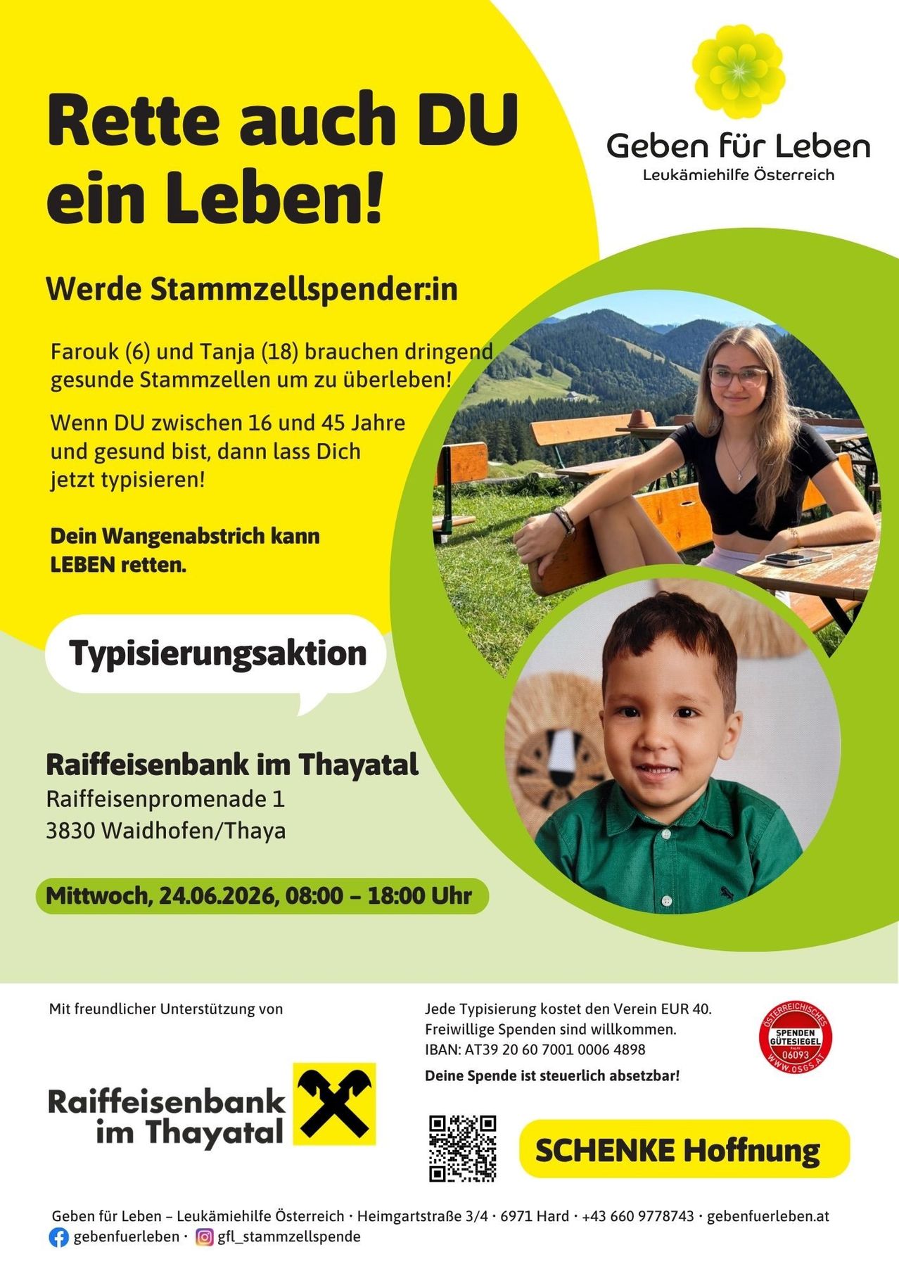 A flyer for a stem cell donation event. It features two children, Farouk and Tanja, needing stem cells to survive. It invites healthy individuals aged 16-45 to register for a typing action. The event is held at Raiffeisenbank im Thaytal.