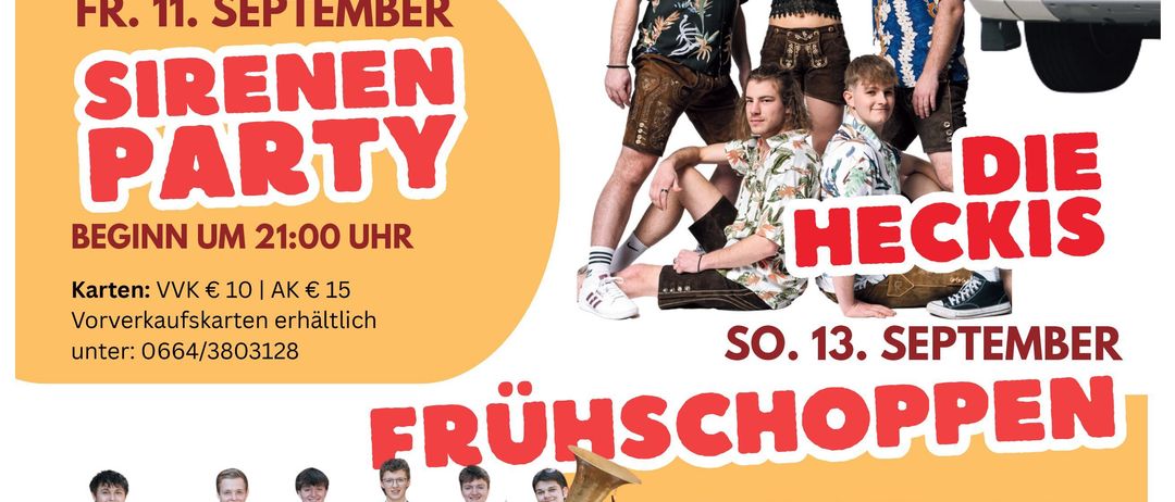 Ein Plakat für ein Feuerwehrfest. Es zeigt einen Feuerwehrwagen, eine Gruppe Musiker und zwei Veranstaltungen. Am Freitag, den 11. September, gibt es eine Sirenenparty ab 21 Uhr. Am Sonntag, den 13. September, findet ein Gottesdienst um 10 Uhr statt, gefolgt von einem Frühstück mit der 'Rostbleck Musik' Band.
