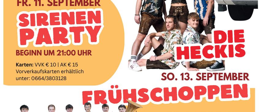 Ein Plakat für ein Feuerwehrfest. Es zeigt einen Feuerwehrwagen, eine Gruppe Musiker und zwei Veranstaltungen. Am Freitag, den 11. September, gibt es eine Sirenenparty ab 21 Uhr. Am Sonntag, den 13. September, findet ein Gottesdienst um 10 Uhr statt, gefolgt von einem Frühstück mit der 'Rostbleck Musik' Band.