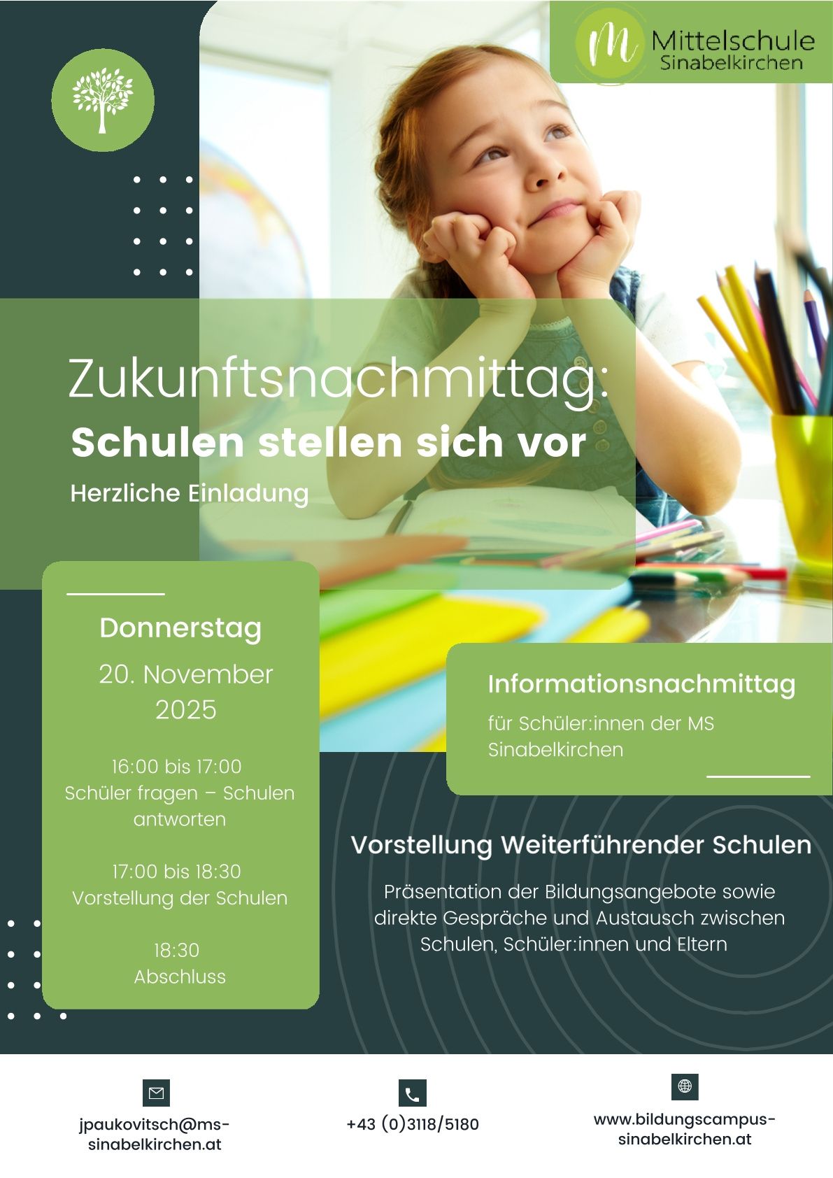 Ein Informationsposter für zukünftige Schüler. Es zeigt ein Kind am Schreibtisch mit einer Präsentation weiterführender Schulen. Die Veranstaltung ist am 20. November 2025.