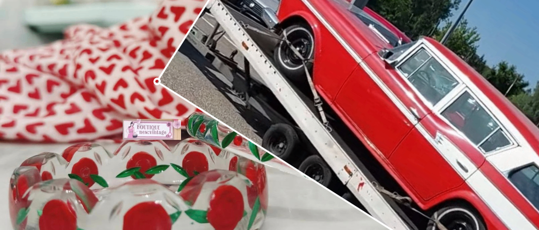 Eine Collage zeigt ein Oldtimer-Auto beim Transport und einen Glasarmreif mit roten Kirschen.