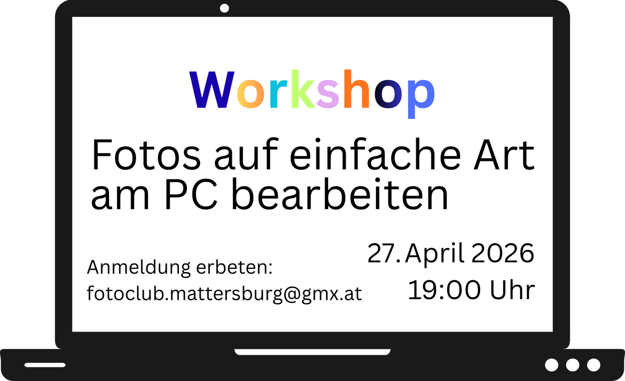 A workshop on photo editing on PC. The date is April 27. The email is club.mattersburg@gmx.at. The time is 19:00.