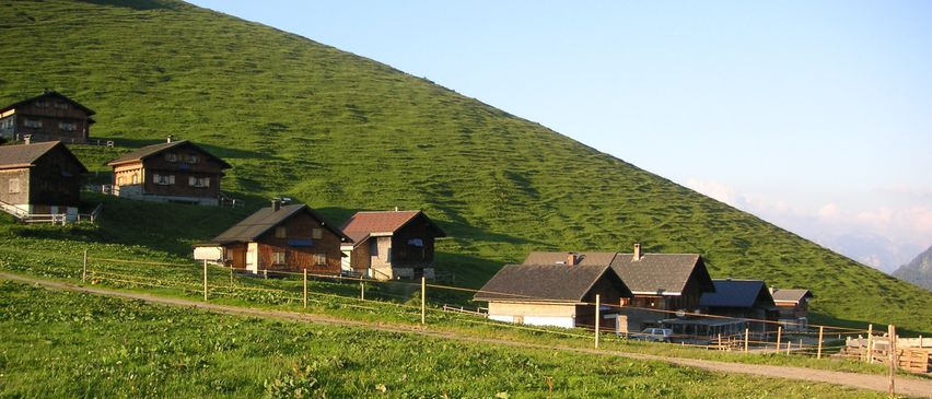 Ein Hügel mit mehreren Häusern, einem großen grünen Feld und einem Zaun. Der Himmel ist blau mit ein paar Wolken.