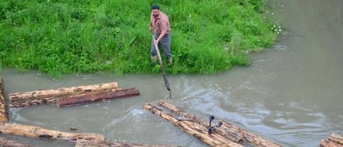 Ein Mann benutzt einen langen Stab, um Baumstämme in einem Fluss zu bewegen, mit grasbewachsenen Ufern im Hintergrund.