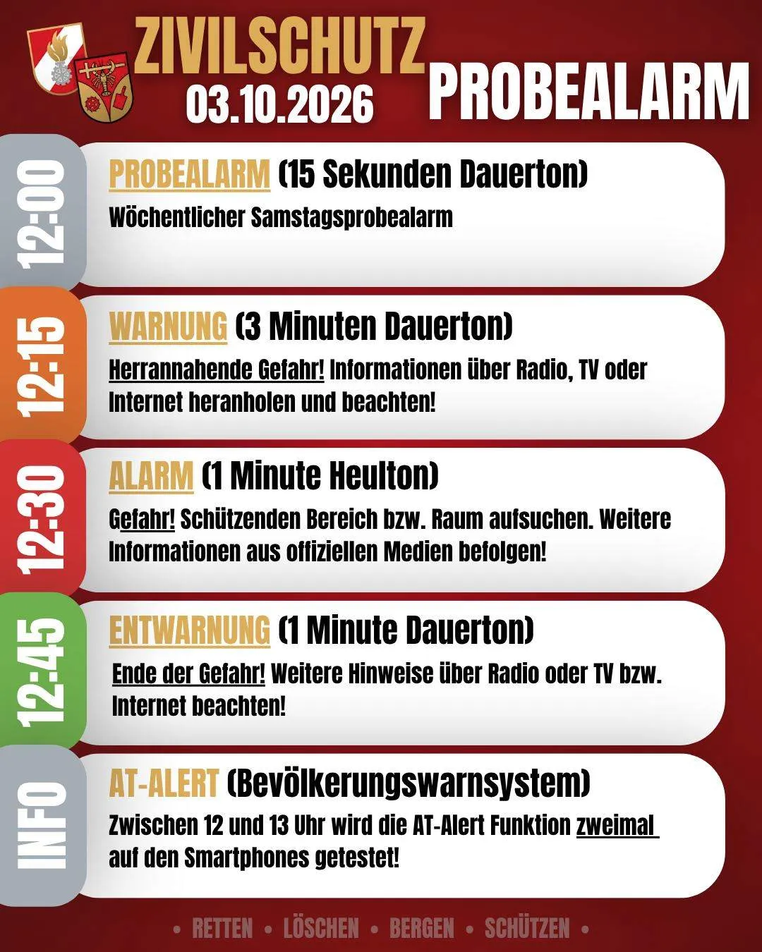 Das Bild ist ein roter Plakat mit weißem Text, das einen wöchentlichen Samstags-Zivilschutzalarm anzeigt. Es enthält fünf Warnungen: Probealarm, Warnung, Alarm, Entwarnung und AT-Alert. Jede Warnung hat eine bestimmte Dauer und Anweisungen, was zu tun ist.