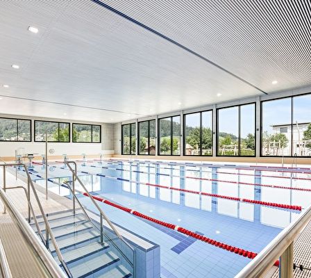Ein Hallenschwimmbad mit mehreren Bahnen und Glaswänden, mit Blick auf die Außenlandschaft.
