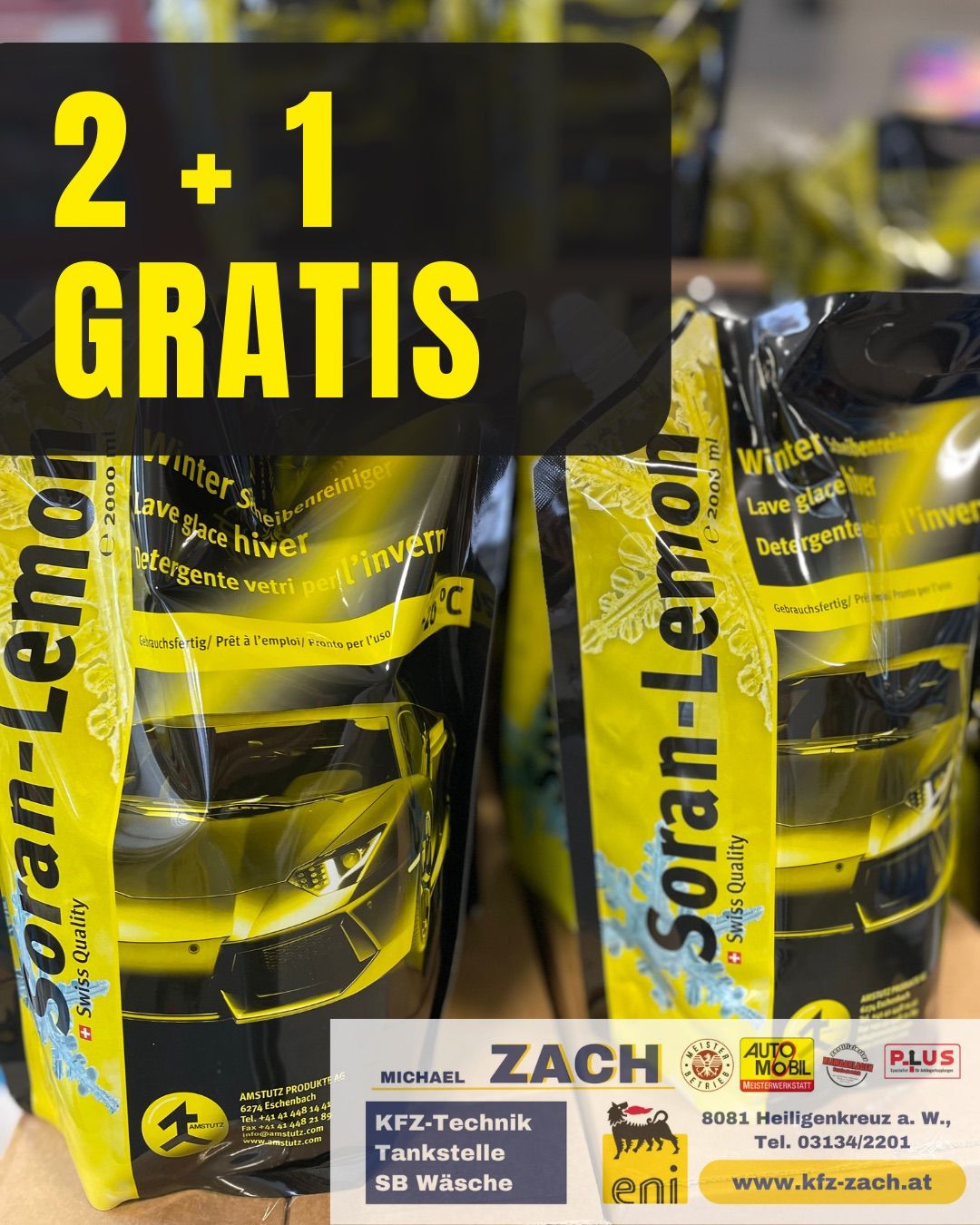 Zwei Beutel gelbes Soran Lemon Winter-Autowaschmittel sind ausgestellt. Sie haben ein Autobild und Text, der eine Aktion von 2+1 gratis anzeigt.