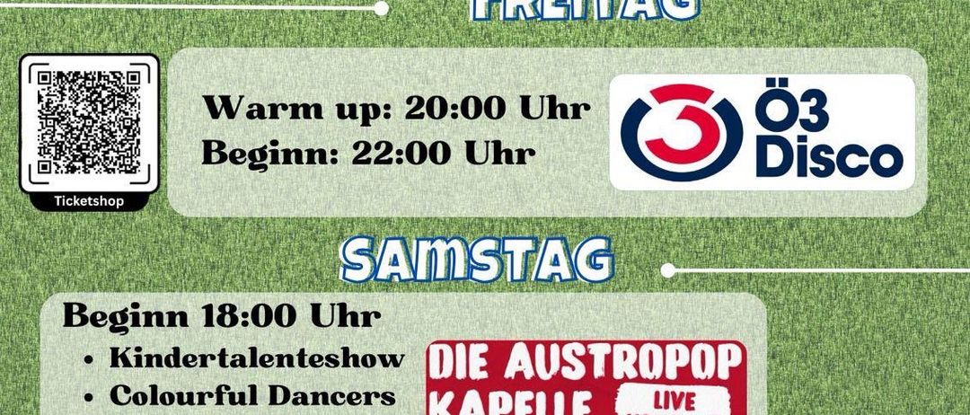 Fest in Weppersdorf, 12.-14. Juni 2026. Freitag Warm-up um 20:00 Uhr, Beginn um 22:00 Uhr. Samstag beginnt um 18:00 Uhr mit Kindertalenteshow, bunten Tänzern und Legendentreffen. Sonntag um 09:00 Uhr, ökumenischer Gottesdienst.