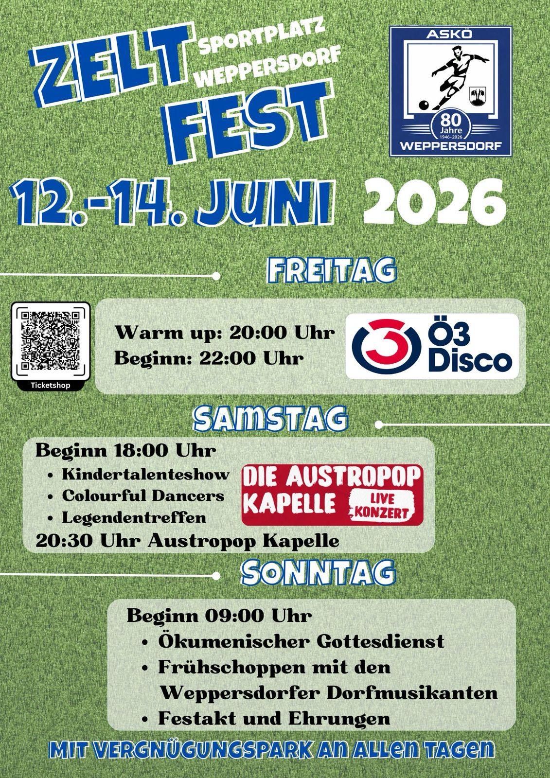 Fest 12-14 June 2026. Friday: Warm up at 20:00, starts at 22:00. Saturday: Starts at 18:00, featuring a children's talent show, colorful dancers, and a live concert. Sunday: Ecumenical service starts at 09:00.