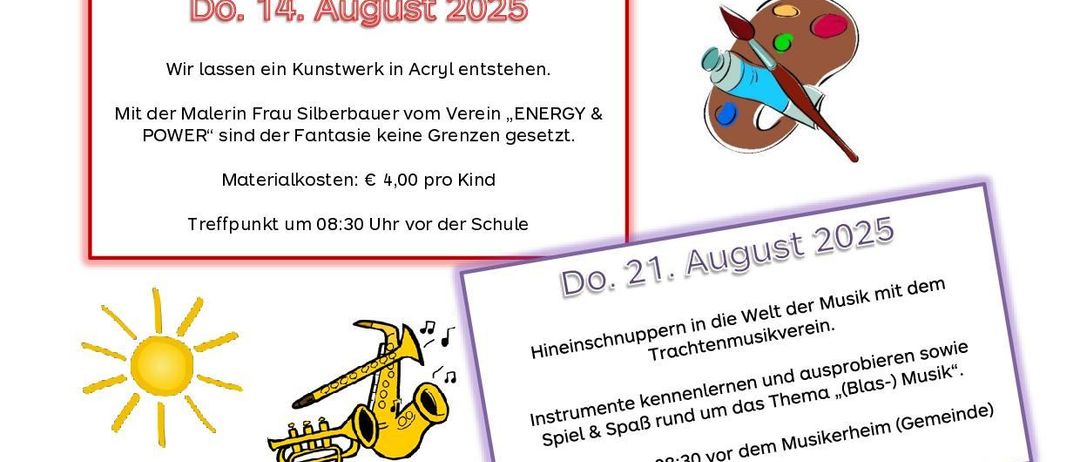 Amtliche Bekanntmachung der Marktgemeinde Frankenfels. Die Marktgemeinde Frankenfels und das Team der Nachtbesetzung laden ein zum Frankenfelser Ferienprogramm für Kinder. Datum: 14. August 2025. Acrylkunstwerk mit Malerin Frau Silberbauer. Materialkosten: 4 Euro pro Kind. Treffpunkt: 08:30 Uhr vor der Schule.