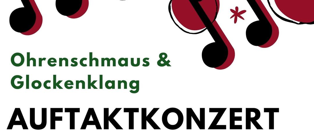 Ein Musikposter mit roten Noten und Sternen zeigt den Text 'Ohrenschmaus & Glockenklang AUFTAKKONZERT ZUM DIRINDLKIRTTAG.' Geplant für den 26. September 2025 um 19 Uhr.