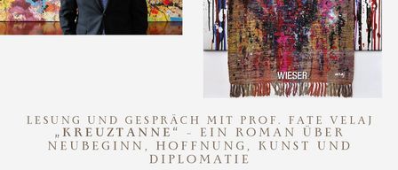 Eine Anzeige für eine Buchvorstellung. Es zeigt ein Bild eines Mannes und ein farbenfrohes Kunstwerk. Der Text lautet 'Kreuztanne' und 'Buchvorstellung'. Die Veranstaltung findet am 12. Dezember 2025 um 18:00 Uhr in Pfarrheim Frankenfels statt.